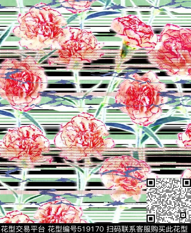 康乃馨写实笔触线条几何叠加迷幻未来感浪漫数码印花华亿平台下载（图片编号: 519170） - 瓦栏（Walan）