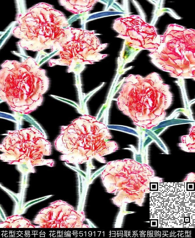 迷幻未来感浪漫康乃馨写实笔触线条几何叠加数码印花华亿平台下载（图片编号: 519171） - 瓦栏（Walan）