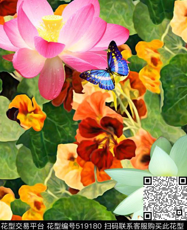 高清荷花蝴蝶数码印花华亿平台下载（图片编号: 519180） - 瓦栏（Walan）