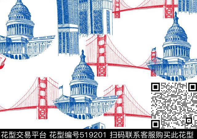 美国风自由女神横跨大桥传统印花华亿平台下载（图片编号: 519201） - 瓦栏（Walan）