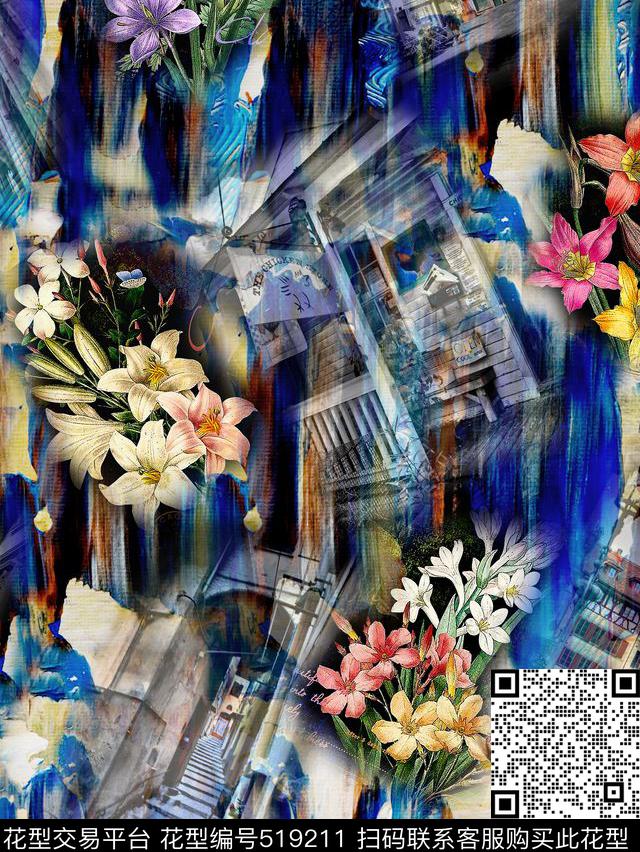 服装复古抽象花卉建筑数码印花华亿平台下载（图片编号: 519211） - 瓦栏（Walan）