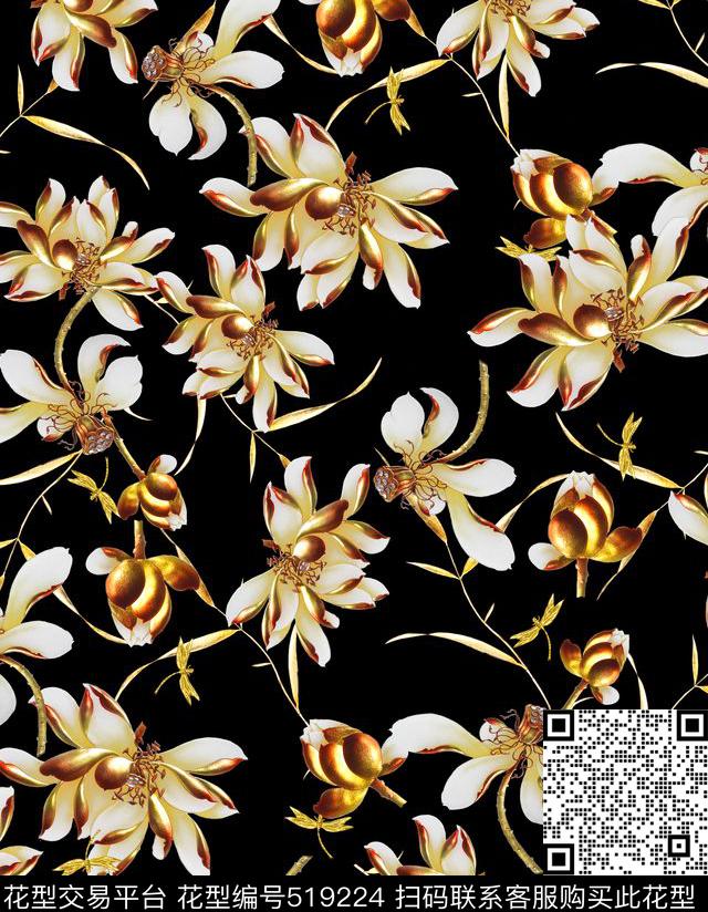 3D立体潮流时尚荷花浮雕数码印花华亿平台下载（图片编号: 519224） - 瓦栏（Walan）