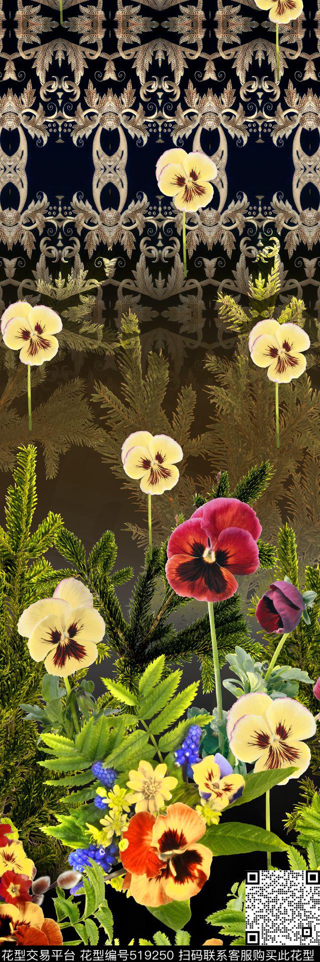 定位欧式花纹花卉数码印花华亿平台下载（图片编号: 519250） - 瓦栏（Walan）