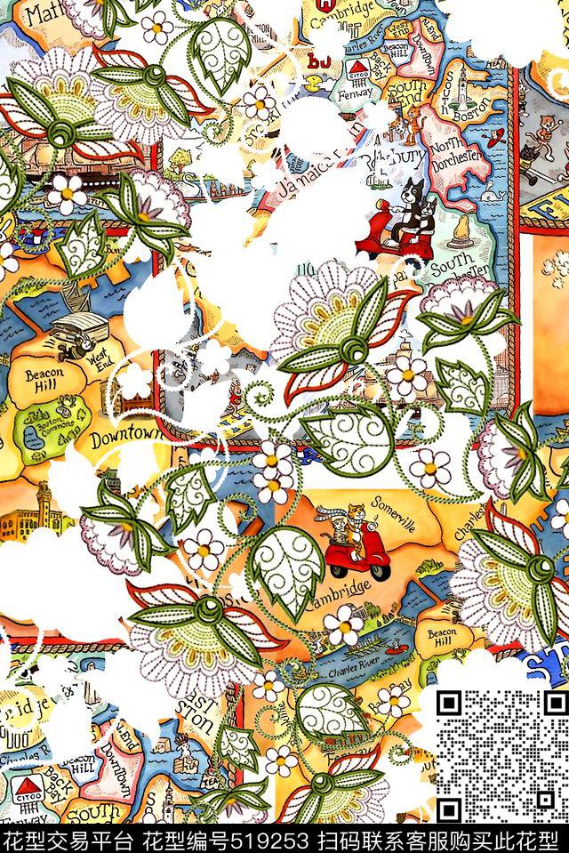 地图花纹花卉组合数码印花华亿平台下载（图片编号: 519253） - 瓦栏（Walan）