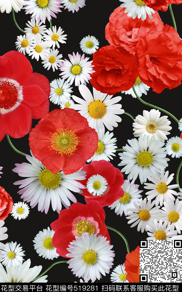 白色雏菊花卉红色大花连衣裙数码印花华亿平台下载（图片编号: 519281） - 瓦栏（Walan）
