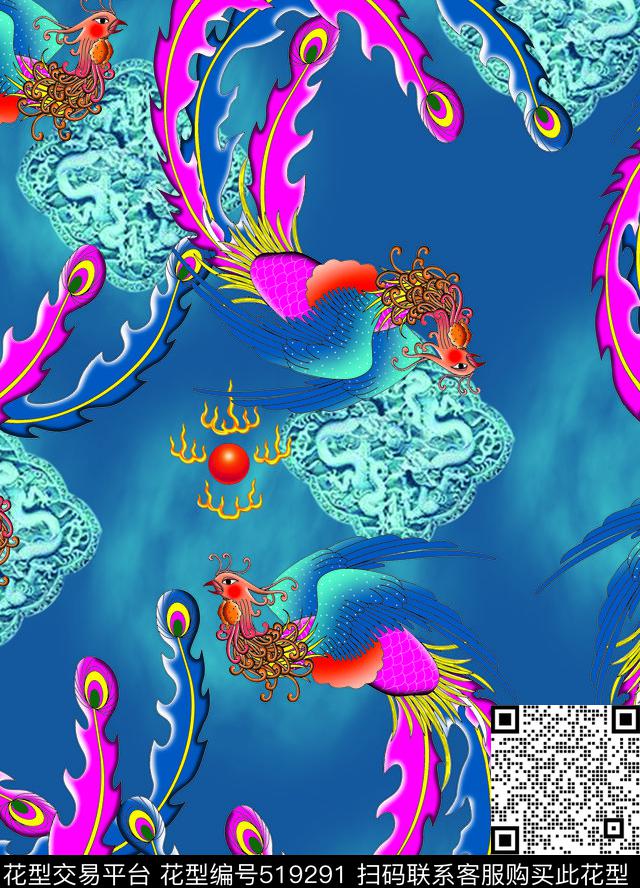 凤凰龙凤呈祥中国风数码印花华亿平台下载（图片编号: 519291） - 瓦栏（Walan）