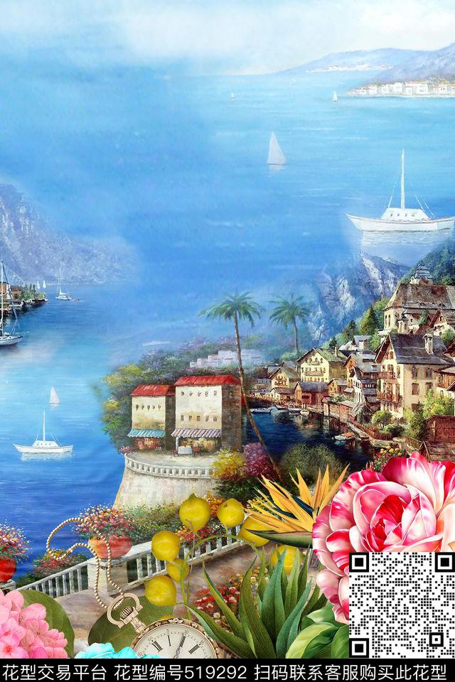 潮流时尚休闲风大牌定位图案花卉油画风景女士连衣裙独片裁片数码印花华亿平台下载（图片编号: 519292） - 瓦栏（Walan）