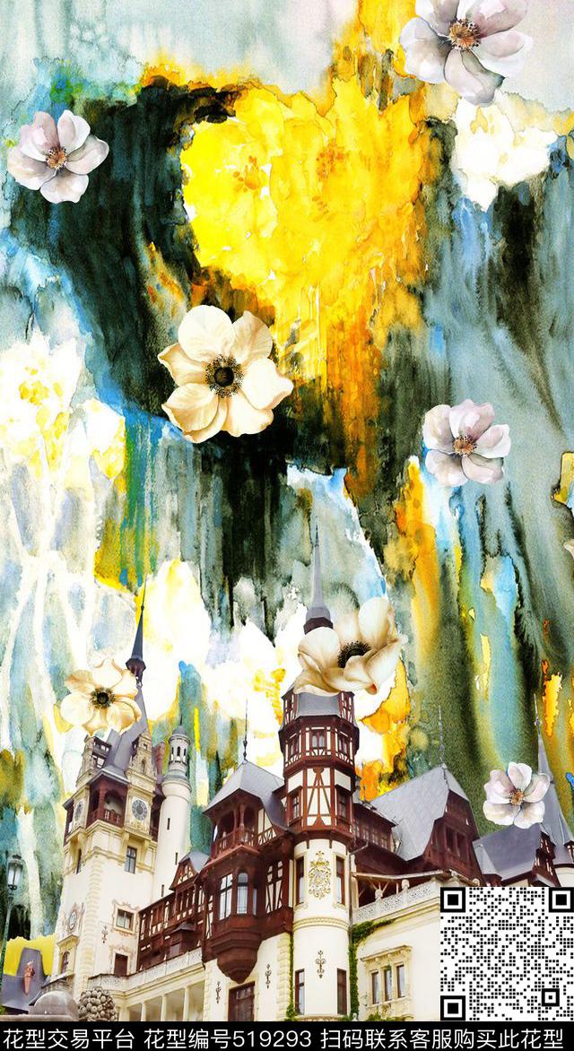 抽象水彩花欧式建筑时装定位数码印花华亿平台下载（图片编号: 519293） - 瓦栏（Walan）