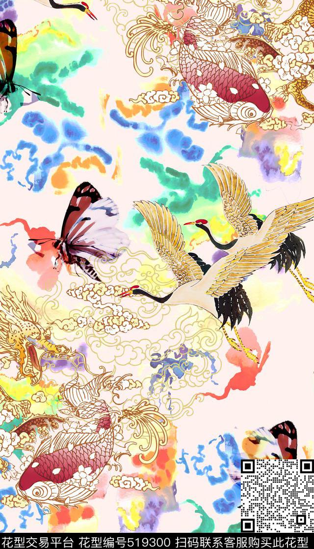 丹顶鹤蝴蝶鲤鱼数码印花华亿平台下载（图片编号: 519300） - 瓦栏（Walan）