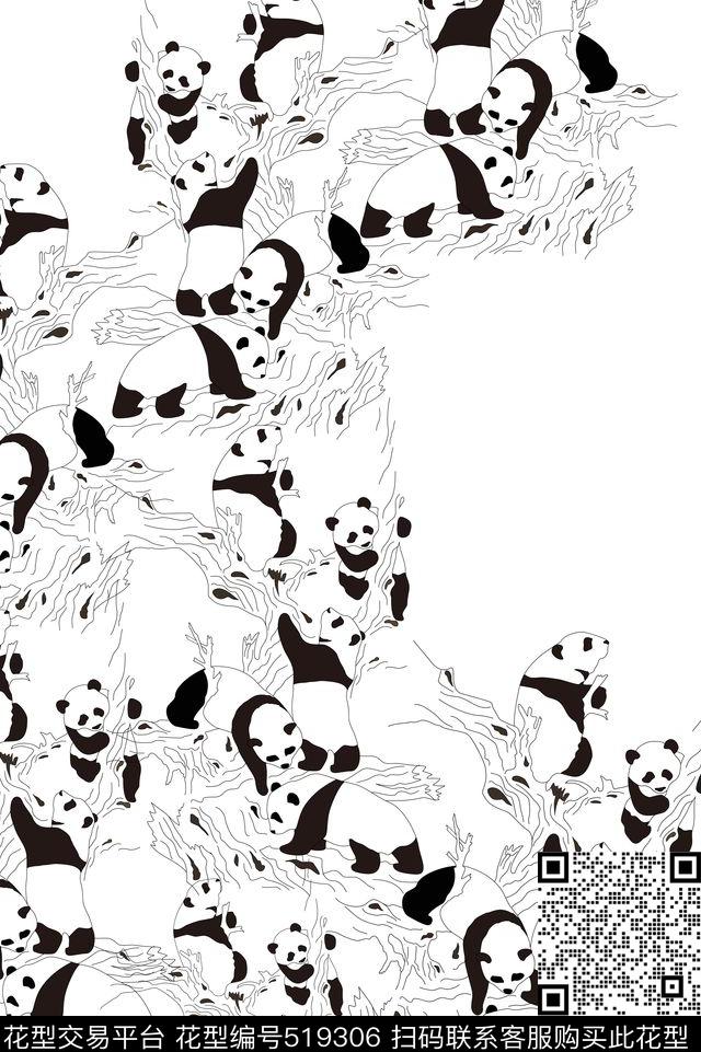 卡通大熊猫单色传统印花华亿平台下载（图片编号: 519306） - 瓦栏（Walan）
