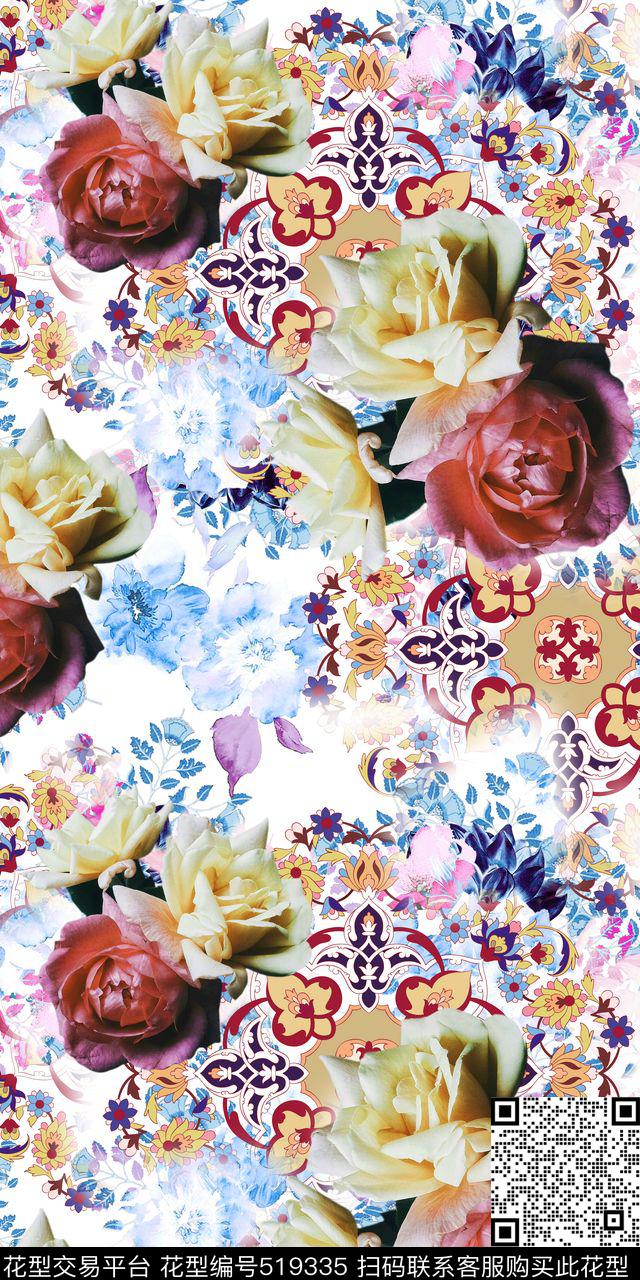 流行时尚幻彩复古几何玫瑰花卉欧美数码印花华亿平台下载（图片编号: 519335） - 瓦栏（Walan）