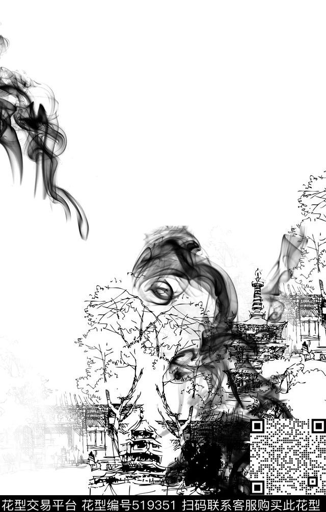 水墨抽象写意云雾建筑黑白长巾数码印花华亿平台下载（图片编号: 519351） - 瓦栏（Walan）