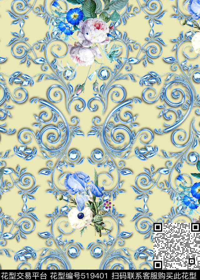 时尚欧式花纹花卉数码印花华亿平台下载（图片编号: 519401） - 瓦栏（Walan）