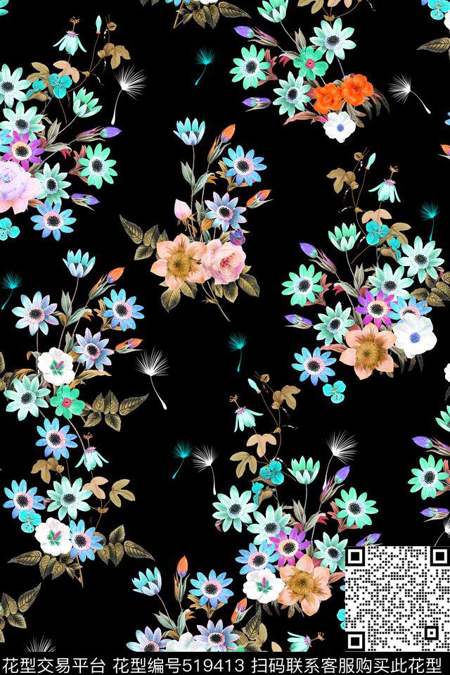 蒲公英手绘小花数码印花华亿平台下载（图片编号: 519413） - 瓦栏（Walan）