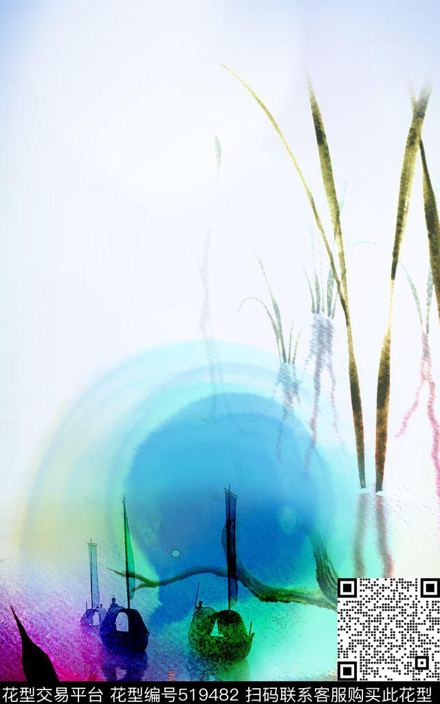 中国风船水墨印象水乡晕染渐变数码印花华亿平台下载（图片编号: 519482） - 瓦栏（Walan）