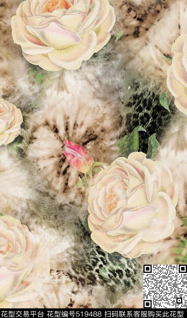 花卉潮流时尚大牌手绘欧美花卉数码印花华亿平台下载（图片编号: 519488） - 瓦栏（Walan）