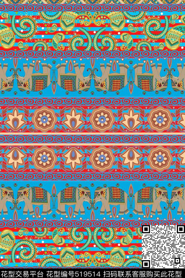 民族风大象卷草传统印花华亿平台下载（图片编号: 519514） - 瓦栏（Walan）