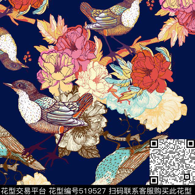 抽象线条花朵彩鸟数码印花华亿平台下载（图片编号: 519527） - 瓦栏（Walan）