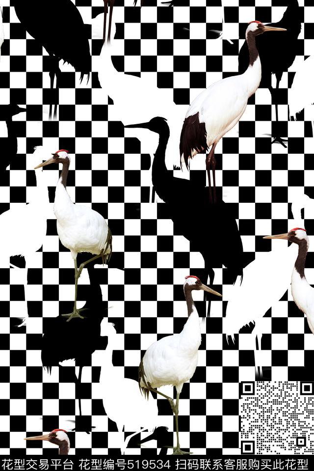 几何格纹仙鹤数码印花华亿平台下载（图片编号: 519534） - 瓦栏（Walan）