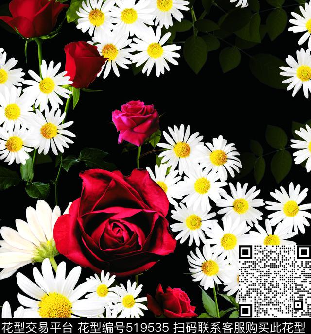红玫瑰野菊花数码印花数码印花华亿平台下载（图片编号: 519535） - 瓦栏（Walan）