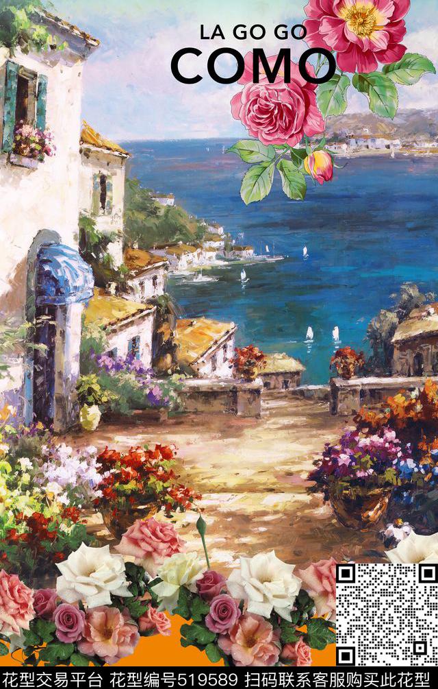 欧美风格欧式绘画、风景、露珠、鲜花、玫瑰、大牌花草树木数码印花华亿平台下载（图片编号: 519589） - 瓦栏（Walan）