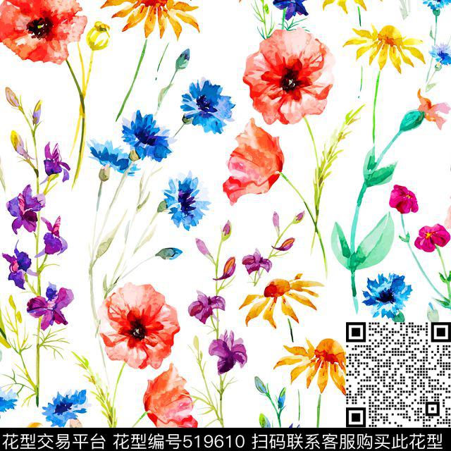 矢量小花卉水彩花水墨花数码印花华亿平台下载（图片编号: 519610） - 瓦栏（Walan）