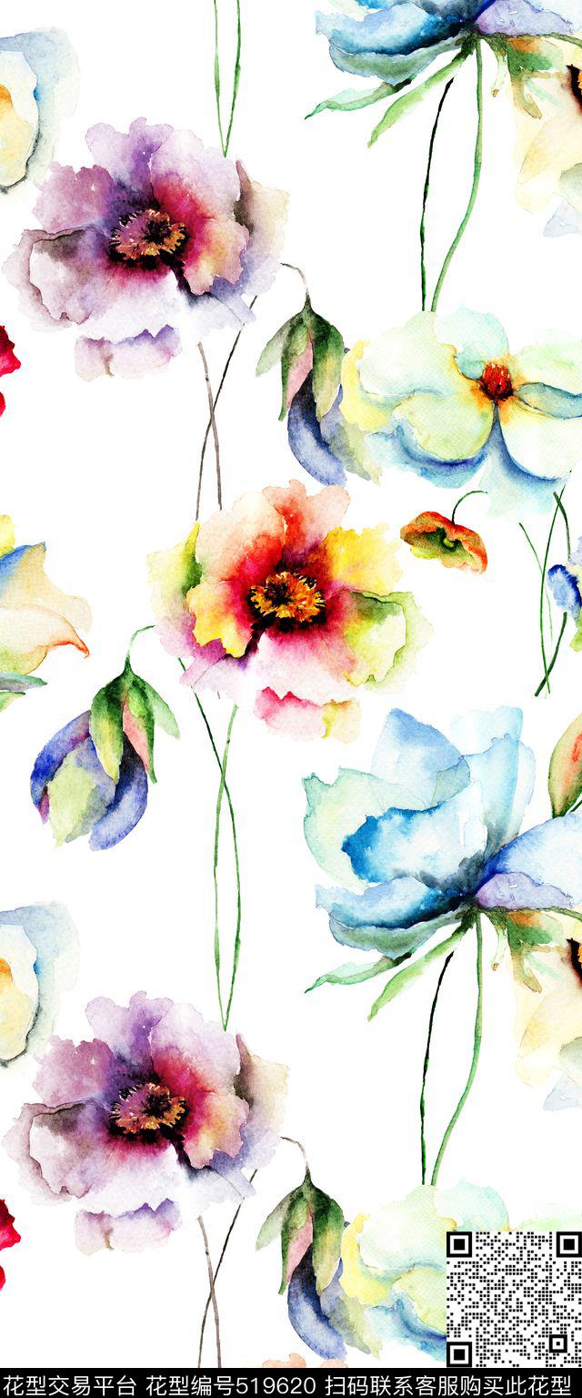 大气花卉水彩数码印花华亿平台下载（图片编号: 519620） - 瓦栏（Walan）