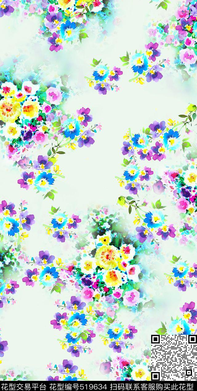 梦幻水彩花卉手绘花卉数码印花华亿平台下载（图片编号: 519634） - 瓦栏（Walan）