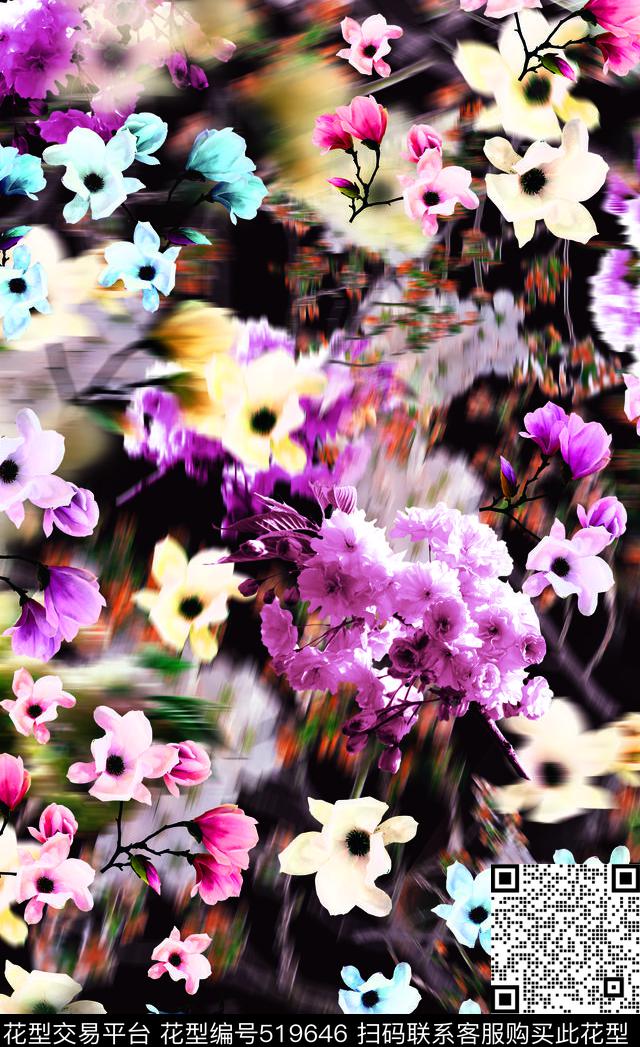 时尚抽象花卉数码印花华亿平台下载（图片编号: 519646） - 瓦栏（Walan）