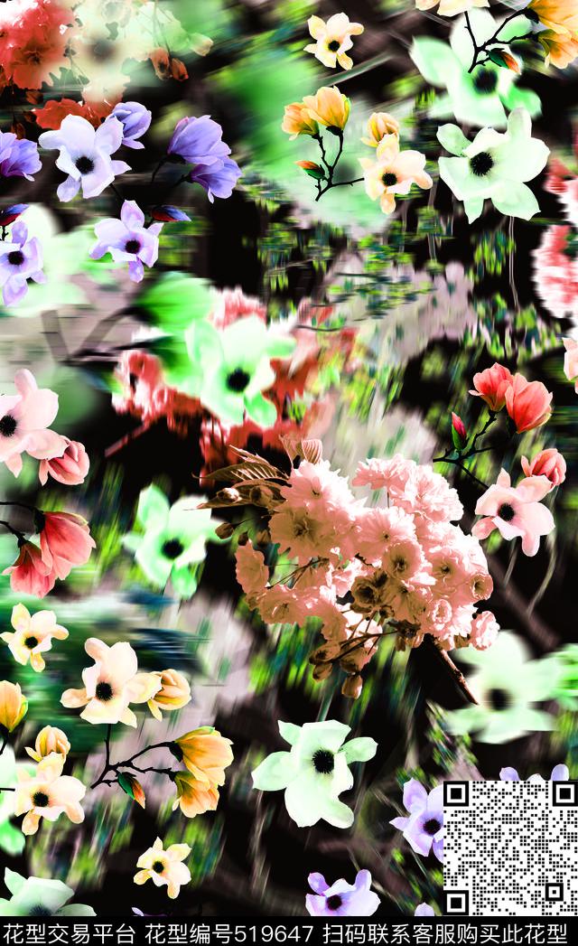 时尚抽象花卉数码印花华亿平台下载（图片编号: 519647） - 瓦栏（Walan）