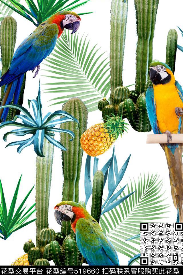 热带风格仙人柱鹦鹉棕榈叶菠萝花卉数码印花华亿平台下载（图片编号: 519660） - 瓦栏（Walan）