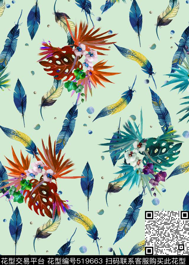 热带风情棕榈叶羽毛数码印花华亿平台下载（图片编号: 519663） - 瓦栏（Walan）