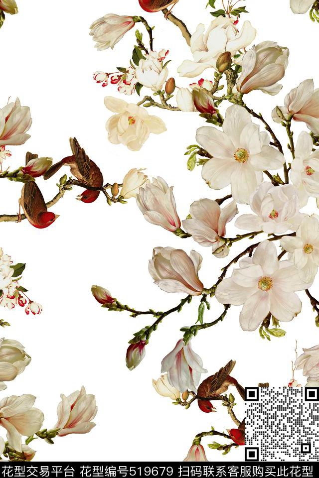 玉兰花中国风工笔画数码印花华亿平台下载（图片编号: 519679） - 瓦栏（Walan）