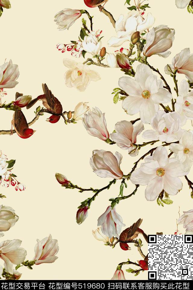 青花瓷玉兰花中国风数码印花华亿平台下载（图片编号: 519680） - 瓦栏（Walan）