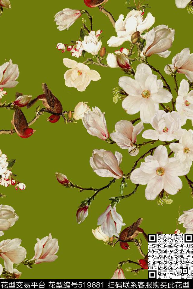 青花瓷玉兰花中国风数码印花华亿平台下载（图片编号: 519681） - 瓦栏（Walan）