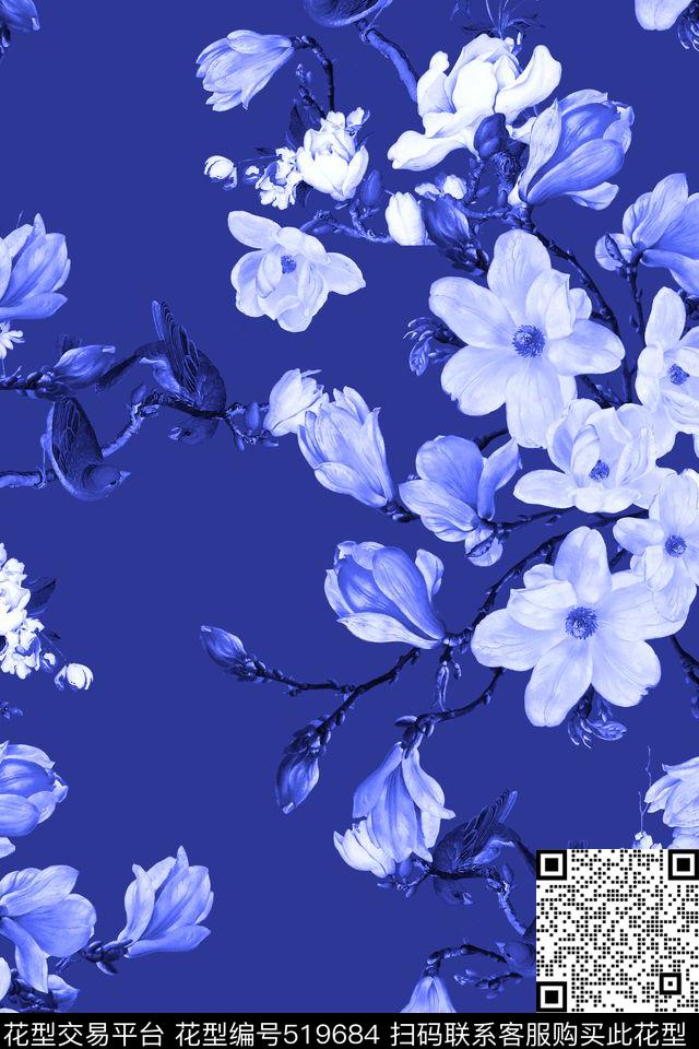 青花瓷玉兰花中国风数码印花华亿平台下载（图片编号: 519684） - 瓦栏（Walan）