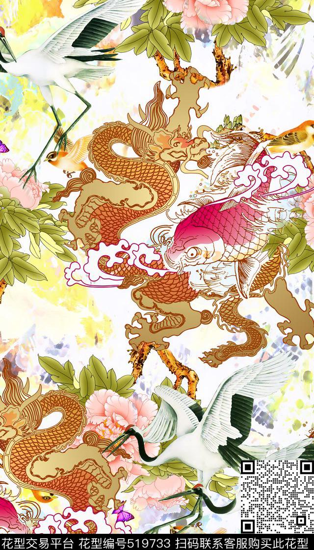 鲤鱼龙牡丹数码印花华亿平台下载（图片编号: 519733） - 瓦栏（Walan）