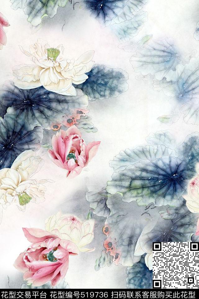 荷叶水墨荷花连衣裙旗袍数码印花华亿平台下载（图片编号: 519736） - 瓦栏（Walan）