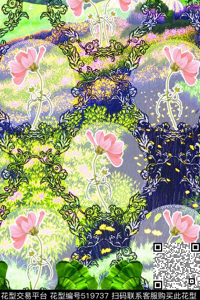 MAX-定位欧美民族风幻彩油画田野手绘粉色花卉数码印花华亿平台下载（图片编号: 519737） - 瓦栏（Walan）