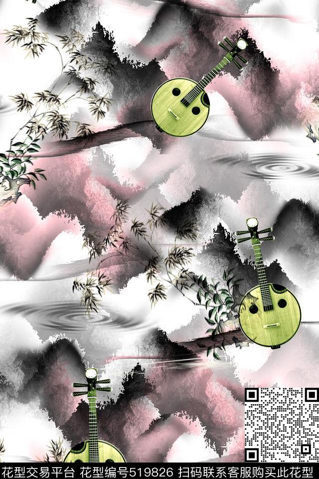 水墨中国风竹数码印花华亿平台下载（图片编号: 519826） - 瓦栏（Walan）