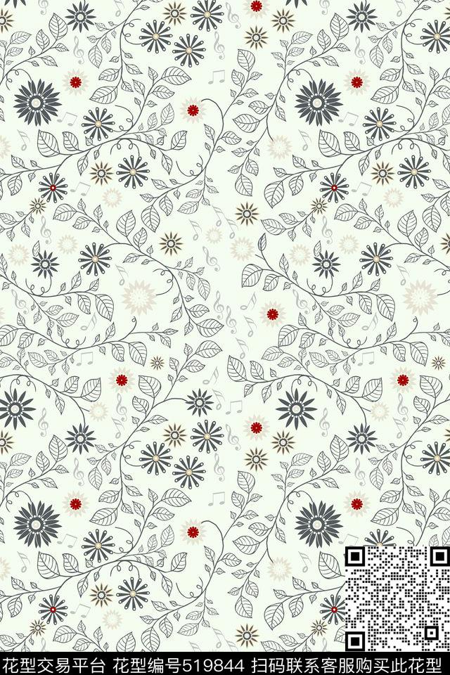 春天花绿色传统印花华亿平台下载（图片编号: 519844） - 瓦栏（Walan）