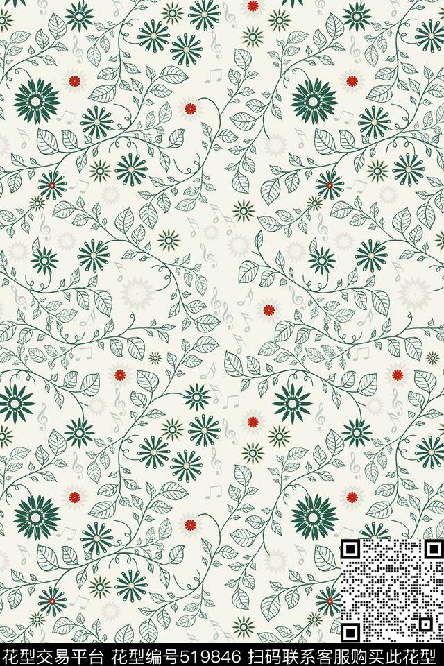 春天花绿色传统印花华亿平台下载（图片编号: 519846） - 瓦栏（Walan）