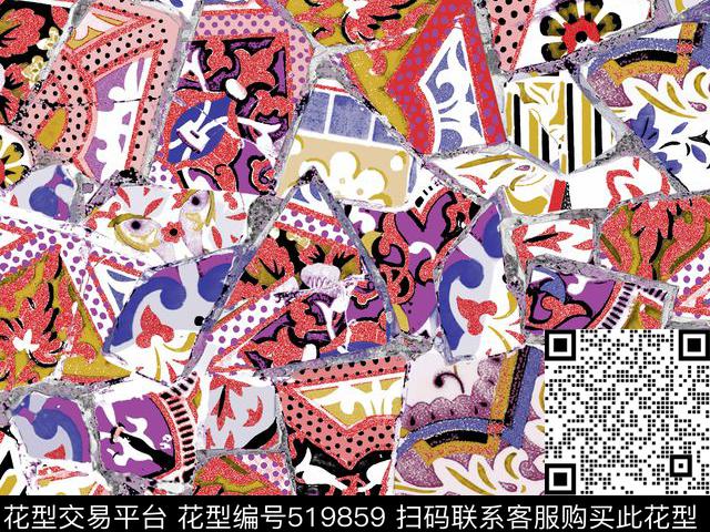 波点复古拼接数码印花华亿平台下载（图片编号: 519859） - 瓦栏（Walan）