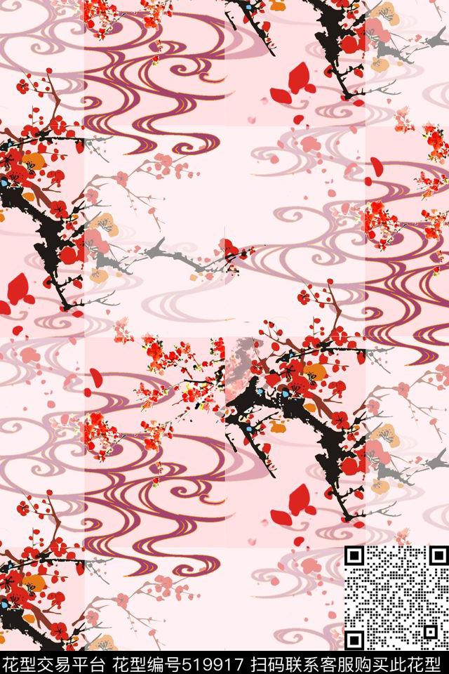 古典梅花水流数码印花华亿平台下载（图片编号: 519917） - 瓦栏（Walan）