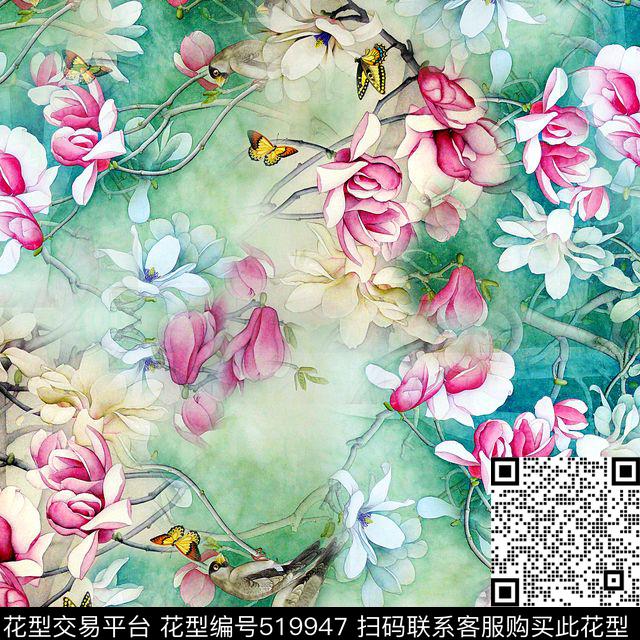 中国风国画工笔画玉兰花鸟长巾数码印花华亿平台下载（图片编号: 519947） - 瓦栏（Walan）