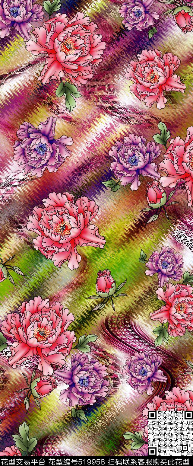 牡丹花流水纹豹纹数码印花华亿平台下载（图片编号: 519958） - 瓦栏（Walan）