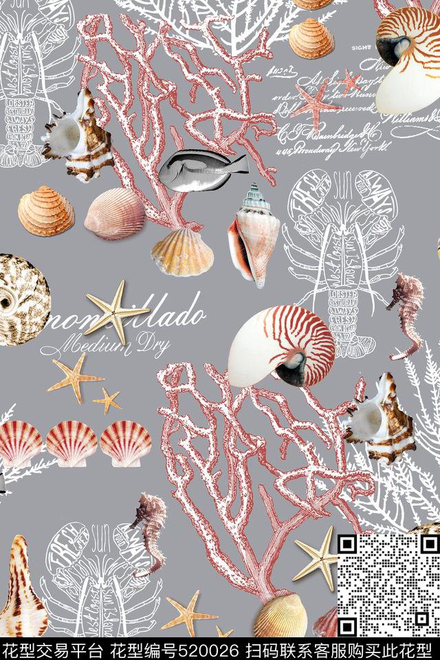 时尚珊瑚贝壳数码印花华亿平台下载（图片编号: 520026） - 瓦栏（Walan）