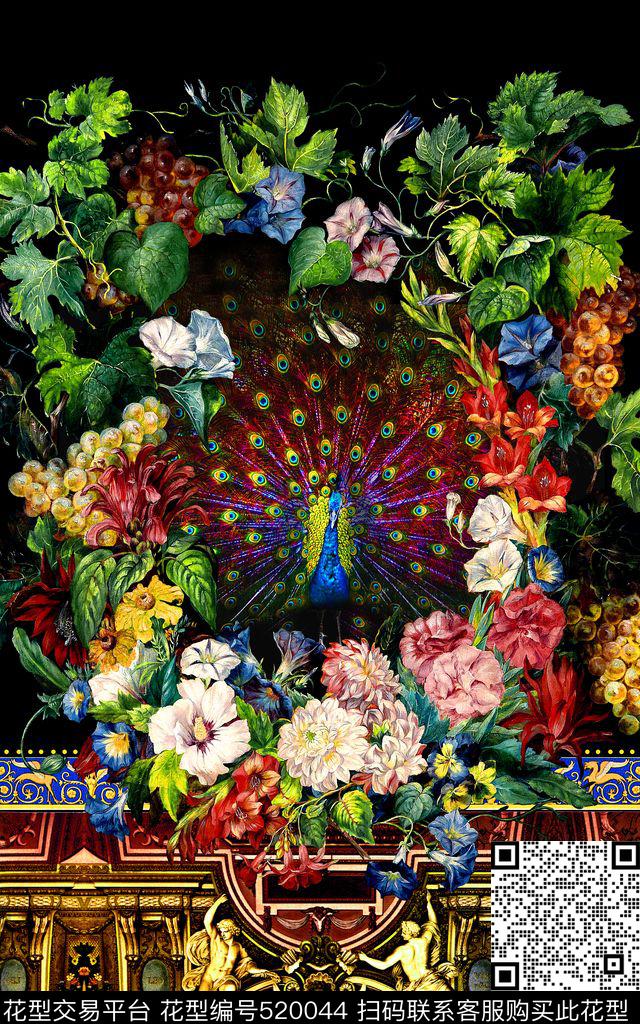 时尚花卉孔雀数码印花华亿平台下载（图片编号: 520044） - 瓦栏（Walan）