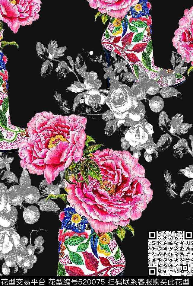 流行时尚大牌手绘高跟鞋花卉欧美数码印花华亿平台下载（图片编号: 520075） - 瓦栏（Walan）