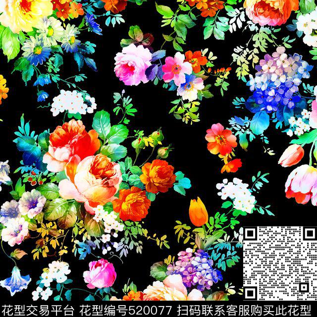 时尚抽象手绘花数码印花华亿平台下载（图片编号: 520077） - 瓦栏（Walan）